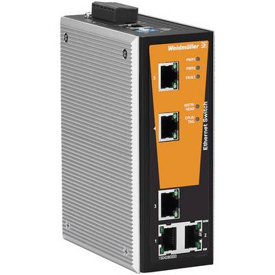 Priemyselný ethernetový switch od spoločnosti Weidmüller s viacerými LAN portami a indikátormi stavu, vhodný pre sieťové aplikácie.