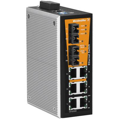 Ethernetový priemyselný switch od Weidmüllera s ôsmimi portami, vhodný pre montáž na DIN lištu v robustnom hliníkovom kryte.