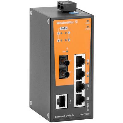 Priemyselný ethernetový switch od spoločnosti Weidmüller s piatimi LAN portami, optickým vláknom a LED indikátormi stavu.