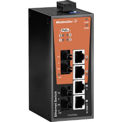 Ethernetový prepínač od Weidmüllera so štyrmi ethernetovými portami, podporou Power-over-Ethernet (PoE), LED indikátormi a modelovým číslom.