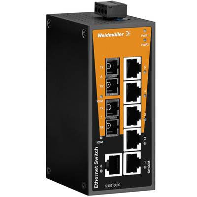 Ethernetový prepínač Weidmüller s ôsmimi RJ45 portmi pre sieťové pripojenie. Dve LED diódy pre stav napájania a viaceré indikačné LED diódy pre pripojenie a aktivitu.