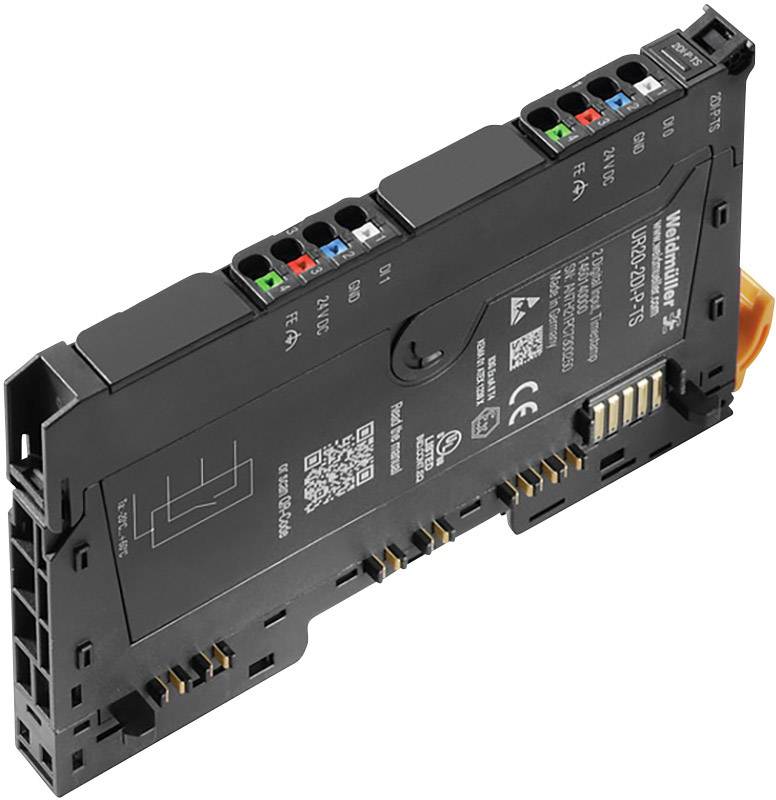 Elektronický modul s viacerými konektormi, vstupmi/výstupmi a popiskami na zadnej strane, pravdepodobne určený pre automatizáciu.