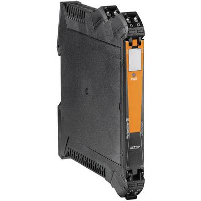 Priemyselné elektronické zariadenie v čiernom kryte s oranžovými prvkami, zobrazuje číslo modelu a je vhodné na montáž na DIN lištu.