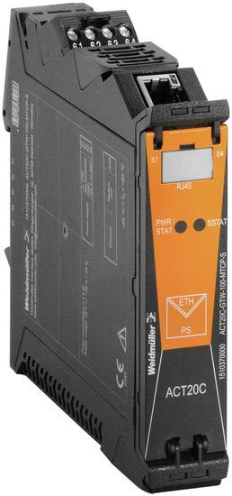 Priemyselný elektronický modul od spoločnosti Weidmüller, model ACT20C, s konektormi RJ45 a Ethernet, v oranžovej a čiernej farbe.