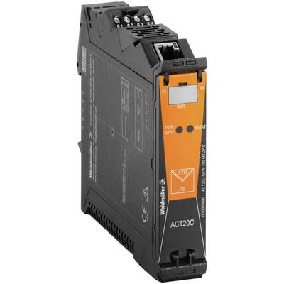 Priemyselný elektronický modul od spoločnosti Weidmüller, model ACT20C, s konektormi RJ45 a Ethernet, v oranžovej a čiernej farbe.