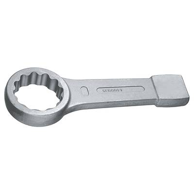 Masívny plochý kľúč s guľatým, ozubeným otvorom, vhodný pre mechanické opravárenské práce. Vpečený firemný názov 'GEDORE'.