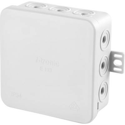 Biela, štvorcová rozvodná krabica s viacerými káblovými priechodkami, s nápisom 'i-tronic E 113'.