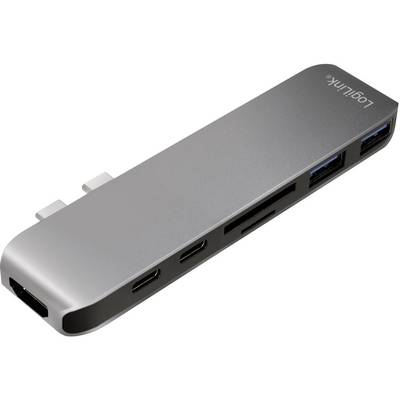 Strieborný USB-C hub s viacerými portami vrátane HDMI, USB-A, USB-C a slotov na SD karty slúži na rozšírenie možností pripojenia zariadení.