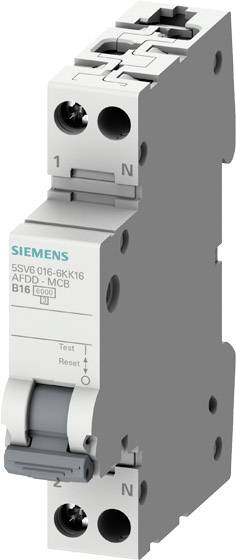 Siemens protipožiarny istič s nápisom 'AFDD+MCB B16'. Má testovacie a resetovacie tlačidlá, vhodný pre elektrické inštalácie.