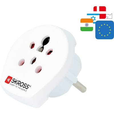 Cestovný adaptér s potlačou 'Adapt to the world', kompatibilný so zásuvkami z Indie, Izraela a EÚ. Firemné logo viditeľné.