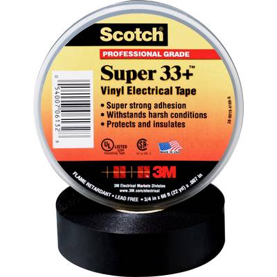 Rolka čiernej elektrickej vinylové lepiacej pásky 'Scotch Super 33+', profesionálnej kvality, s výbornou priľnavosťou a izolačnými vlastnosťami.
