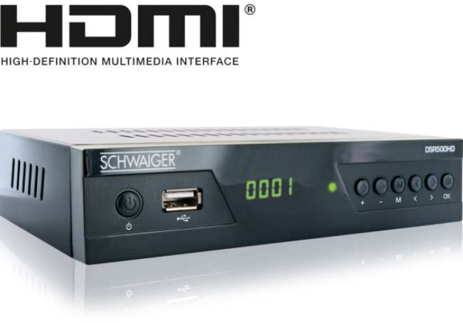 Logo 'HDMI High-Definition Multimedia Interface' nad digitálnym prijímačom s USB portom a displejom zobrazujúcim '0001'.
