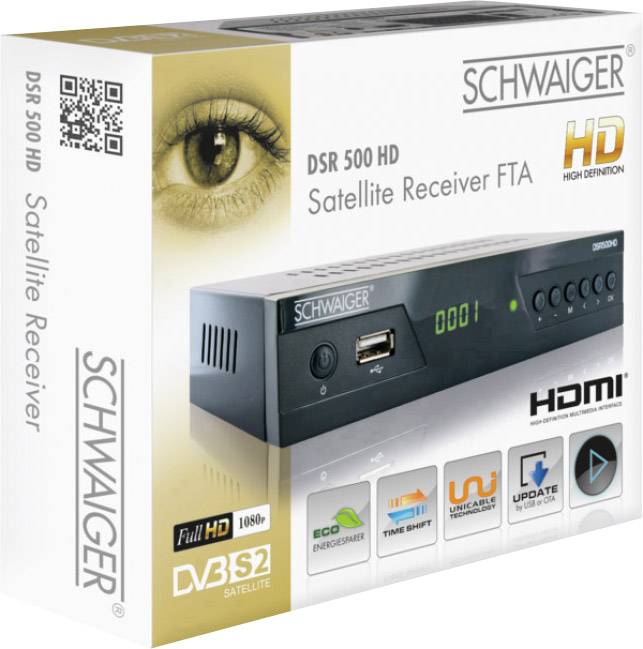 'SCHWAIGER DSR 500 HD Satelitný prijímač FTA' balenie s obrázkom zariadenia a logami pre Full HD, HDMI, energetickú efektívnosť a ďalšie funkcie.
