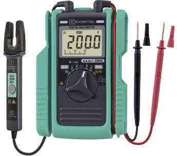 Digitálny multimeter s displejom zobrazujúcim '200.0'. Vľavo je svorka s nápisom 'ACA 200A AC'. Vedľa sú čierne a červené meracie káble.