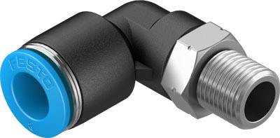Pravouhlý pneumatický spoj s modrinovou tesnením a strieborným závitovým pripojením. Používa sa na prepojenie hadíc.