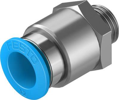 Pneumatický kovový konektor s modrým tesniacim krúžkom, označený značkou 'Festo', používaný v systémoch stlačeného vzduchu.