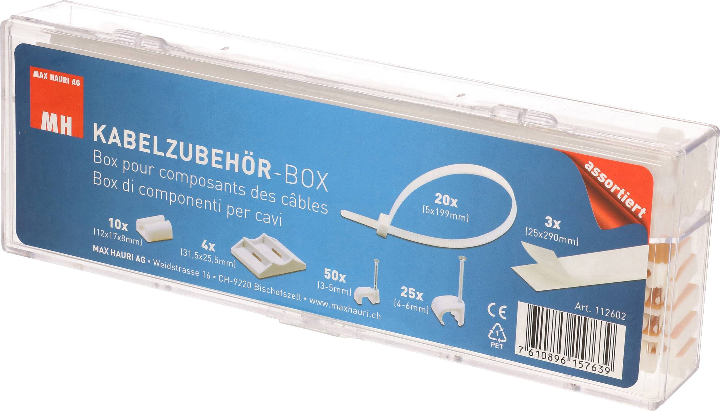 Box s príslušenstvom na káble obsahujúca rôzne káblové svorky a upevnenia, celkovo 10x 6mm, 25x 7mm a 50x 9mm, plus držiaky.