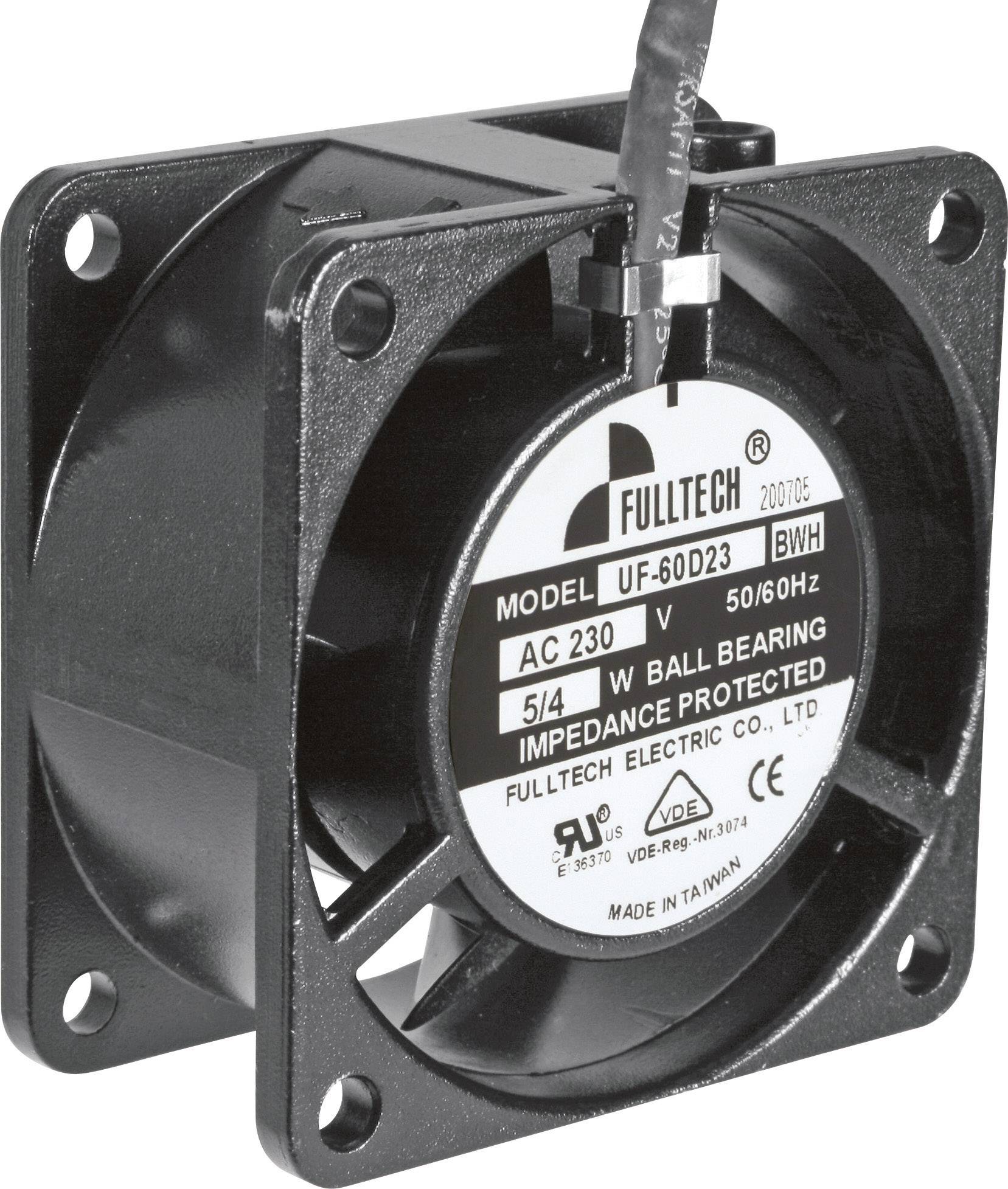 Čierny ventilátor s guľatou etiketou zobrazuje číslo modelu UF-60D23 a napätie AC 230V.