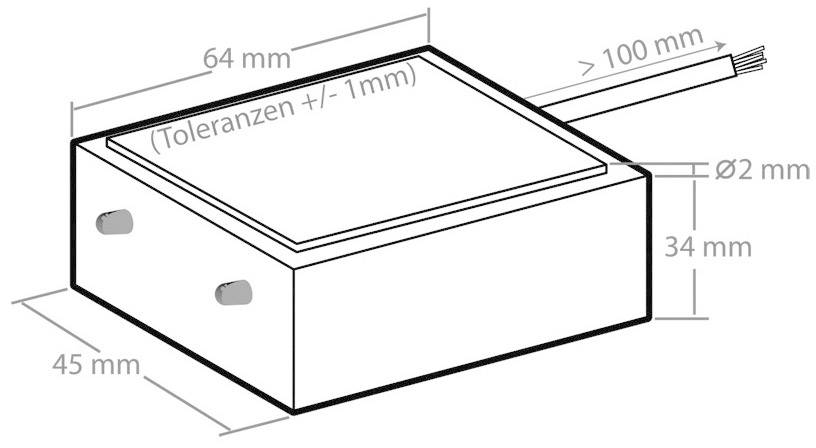 Obdĺžnikový konštrukčný diel s rozmermi: 64 mm dĺžka, 45 mm šírka, 34 mm výška. Priemer kábla Ø2 mm, dĺžka kábla nad 100 mm.
