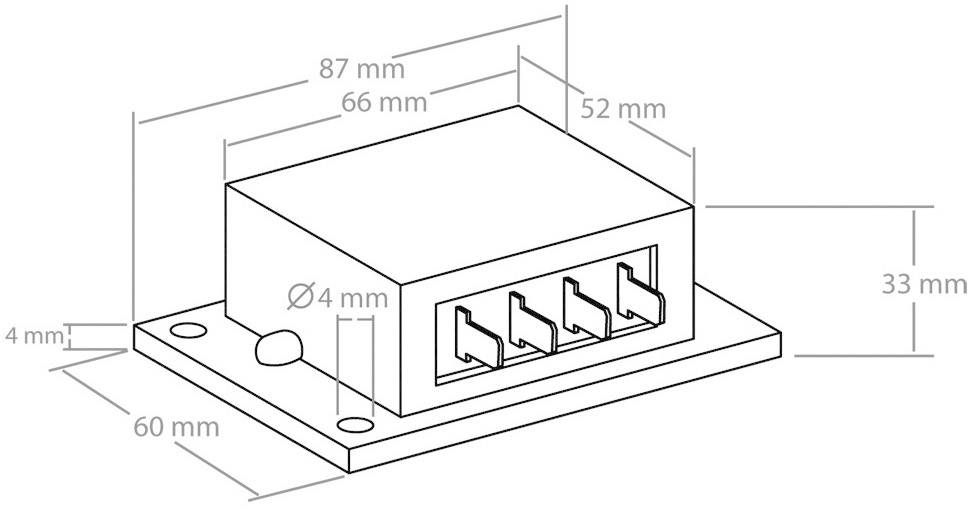Obdĺžnikový elektrický rozvodný box s piatimi zásuvkovými miestami s rozmermi 87x66x33 mm, zobrazený z perspektívneho pohľadu.