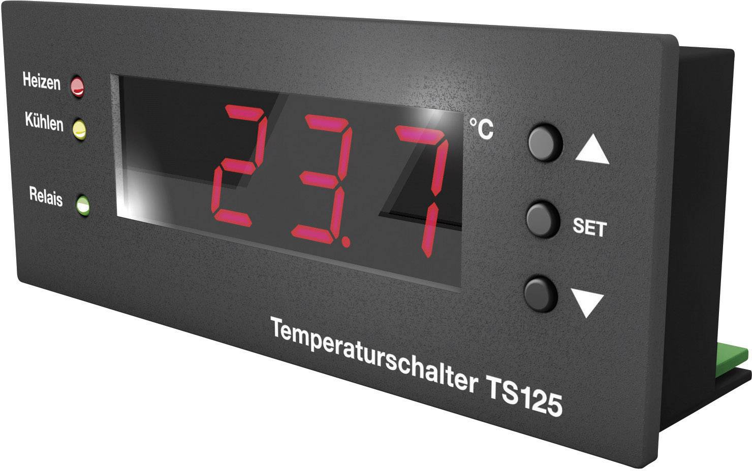 Digitálny teplotný spínač TS125 ukazuje '23,7 °C'. LED indikátory pre kúrenie, chladenie, relé; tlačidlá pre menu a nastavenia.