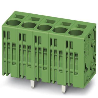 Zelený 5-pólový svorkovnicový blok so stranovým a horným vstupom kábla, vhodný pre elektronické obvody.