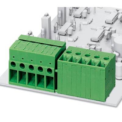 Zelené elektrické konektory na doske plošných spojov v technickom zariadení. V pozadí rozmazané technické komponenty.
