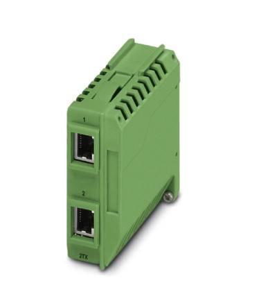 Zelené elektrické zariadenie s dvoma ethernetovými portmi, označenými číslami 1 a 2, na prednej strane.