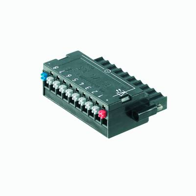 Čierny elektrický svorkovnicový blok s číslovanými pripojeniami a farebnými skrutkami na upevnenie káblov, po boku so zapojením drôtu.