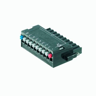 Čierny elektrický pripojovací blok s ôsmimi očíslovanými prípojkami a troma rôznofarebným zásuvkami na ľavej strane.