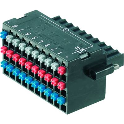 Čierna elektrická pripojovacia svorka s farebne označenými drôtovými prípojkami v modrej, červenej a sivej farbe, číslovaná od 1 do 8.