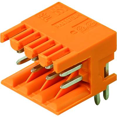 Oranžový viacpólový konektor s piatimi kovovými kolíkmi. Používa sa na elektrické prepojenie v elektronických obvodoch.