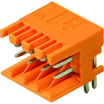 Oranžový päťpólový konektor s kovovými kontaktmi, zobrazený z bočnej strany, používaný pre elektrické pripojenia.
