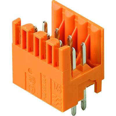 Oranžový konektor s viacerými kovovými kolíkmi, vhodný na elektrické prepojenie komponentov na doske plošných spojov.