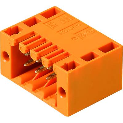 Oranžový konektor s piatimi kovovými kolíkmi a horným označením, používaný pre elektrické prepojenia.