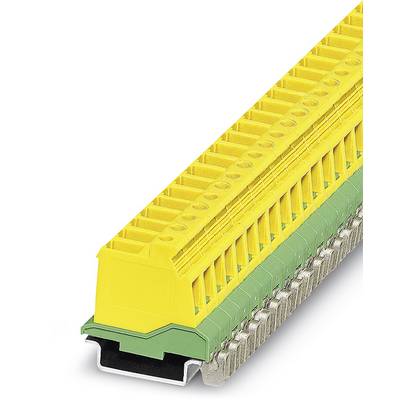 Žlto-zelený radový svorkovnicový blok namontovaný na lište, zobrazujúci detailný pohľad na pripojenia. Používaný prevažne v elektrických inštaláciách.