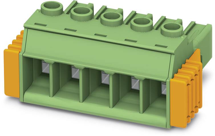 Zelený päťpólový elektrický konektor s oranžovými bočnými dielmi, používaný v priemyselných aplikáciách.