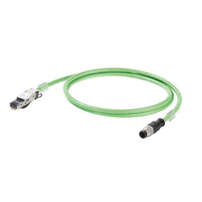 Zelený ethernetový kábel s RJ45 konektorom na ľavej strane a M12 konektorom na pravej strane.