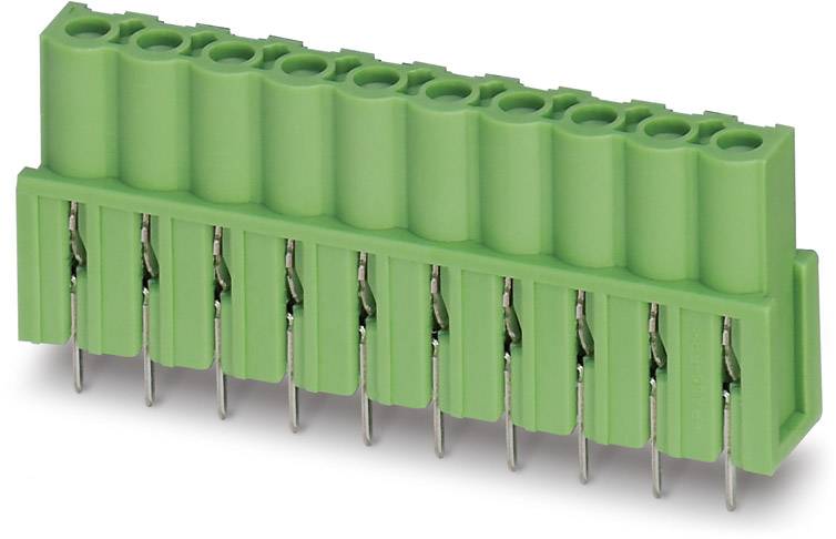 Zelený, viacpólový konektor s kovovými kolíkmi, vhodný pre priemyselné elektronické aplikácie.