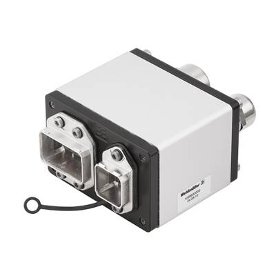 Biele a čierne elektronické zariadenie s dvoma veľkými konektormi a ochranným krytom, pravdepodobne určené pre priemyselné použitie.
