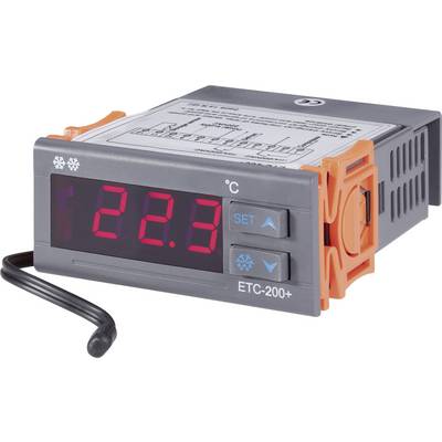 Elektronický teplomer ETC-200+ s červeným LED displejom ukazuje 22,9 °C. Dva tlačidlá so šípkami nahor a nadol.
