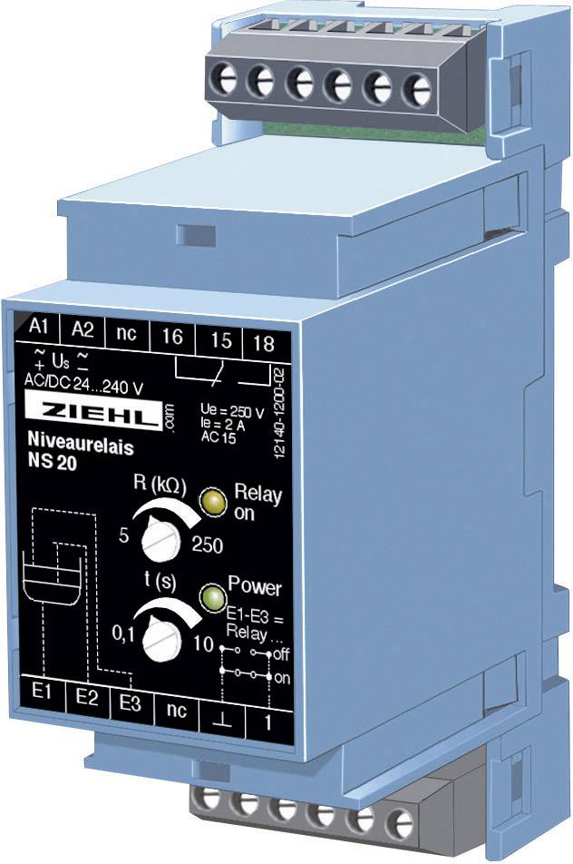 Modrý elektrický úrovňový relé od spoločnosti Ziehl s nastaviteľnými možnosťami pre odpor (R) a čas (t). Číslo modelu NS 20.