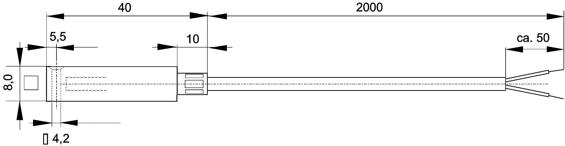 Technický výkres kábla: dĺžka 2000 mm, priemer 8,0 mm, detail vinutia cca 50 mm, ďalšie rozmery 5,5 mm a 10 mm.