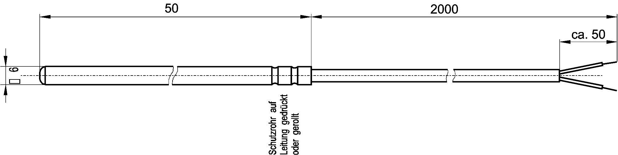Technický výkres kábla s rozmermi: Celková dĺžka 2000 mm, koncová časť 50 mm. Sprievodný text: 'Ochranná trubka nasunúť na vedenie alebo úplne'.