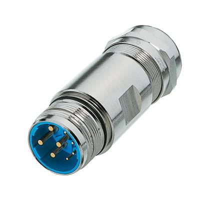 Kovový konektor s modrou plastovou priechodkou a niekoľkými zlatými kontaktmi, vhodný pre priemyselné alebo elektronické aplikácie.