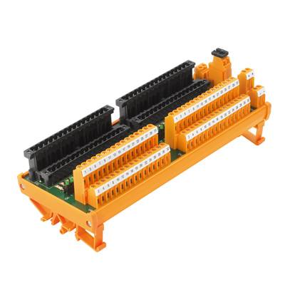 Oranžový elektronický konektor s viacerými radmi čiernych a bielych zásuviek.