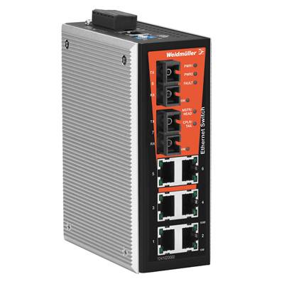 Priemyselný ethernetový prepínač s viacerými sieťovými portami určený pre dátovú komunikáciu v náročných prevádzkových podmienkach.