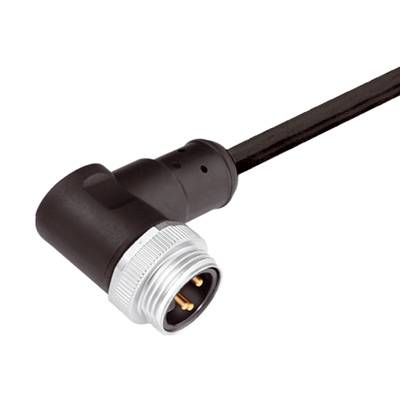 Čierny elektrický konektor s uhlovým pripojením. Vhodný pre priemyselné použitie.