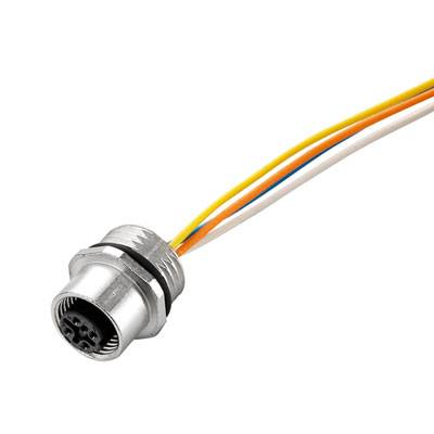 Guľatý elektrický konektor so štyrmi farebnými káblami (žltý, oranžový, biely, hnedý) na prepojenie elektronických zariadení.