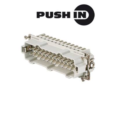 "PUSH IN" konektor s viacerými kovovými kontaktmi, vhodný pre technické aplikácie a káblové prepojenia.